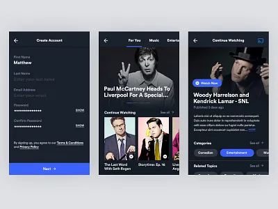 Streaming App | Concept - View 1 app clean dark design interface minimal mobile player sign up stream ui ux video watch