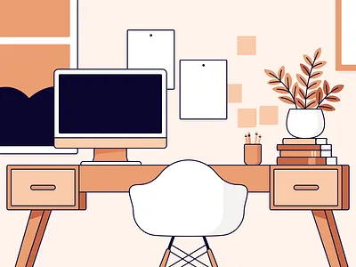 Workspace books chair design desk drawers eames freelance illustration monitor monochrome notes office plant planter remote room sketchapp sticky wfh work