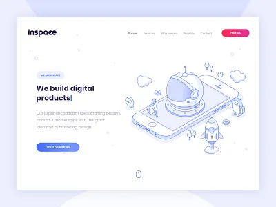 Inspace Website app blue design helmet illustration isometric landing page rocket ui ux website