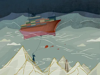 Mountain Under The Sea art boat dadu shin illustration ink wash microsoft sea water color waves