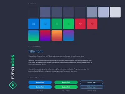 Event Vods Style Guide brand brand guide branding button color guide colors dark ui esports flat colors gaming marketing style guide title font
