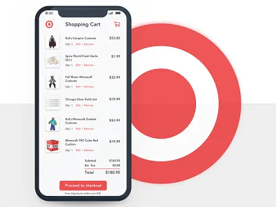 Shopping Cart app branding checkout concept costumes daily ui dailyui design halloween illustration logo nyc red sketchapp target total ui uidesign ux vector