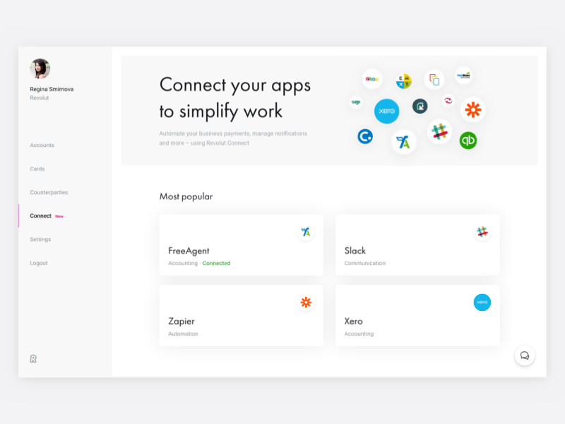 Revolut Connect — Slack Integration animation banking business clean connection flow desktop finance integration interaction design minimal revolut user experience user interface web