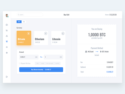 Buy & Sell Cryptocurrency bitcoin coins dashboard deposit exchange money trade transactions wallet web