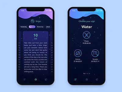 Horoscopes Mobile App challenge daily dark app horoscopes interface design interface designer ios 11 mobile app mobile app design sketch app ui elements uidesign uiux user inteface user interface design ux design
