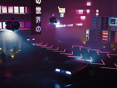 Full Neon arnoldrender c4d city cyberpunk delorean drone neon night street synthwave