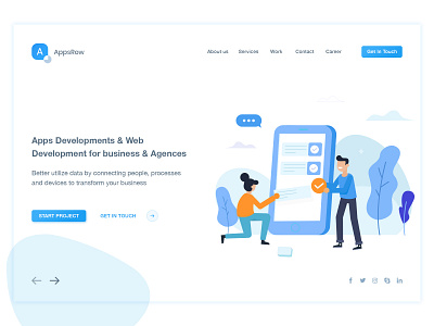 Hero Screen Design | Appsrow apps development branding clean clean ui creative design dribbble hero area hero banner home page design illustration navigation bar technology uidesign user center design web design company