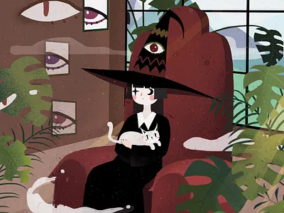 Witch on the couch cat girl illustration magical