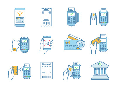 NFC payment color icons set banking cashless chip concept contactless credit card design e payment icon illustration implant mobile nfc pay phone smart smartphone smartwatch technology wireless