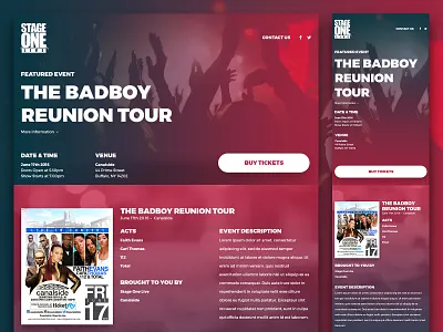 Stage One Live Dribbble band blue concert gradient hiphop landing page promotional rap red responsive tour typography web design
