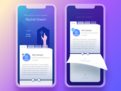Rolodex. On-boarding #1 arrow contacts launch notebook notes onboarding page turn pages purple rolodex slack switcher tabs twitter