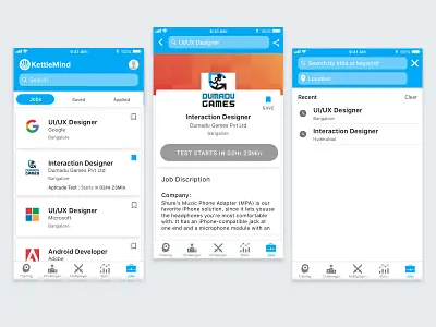 Play Games & get hired ! brain storm branding cards company dashboard game ios jobs kettlemind location logo mind training mobile ui opportunity search screen tabs take test test training