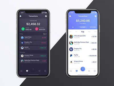 Transactions - Dark or Light? 🌓 bank business card chart dark expenses finance income layout light outcome theme transaction ui vietnam wallet