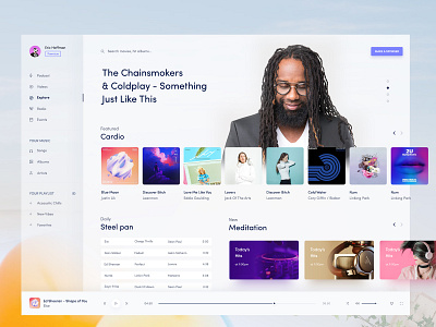 Music Ui Desktop Design application ui design interface desktop desktop app discover music fluent fluent design minimal minimal app music player new releases now playing view player radio popular album popular genres web client whitespace your music your playlist