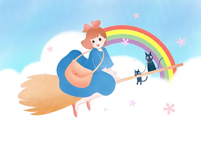 Kiki's Delivery Service art background brush cat character character animation cloud figure girl illustrator miyazaki photoshop ps rainbow scene sketch sky wallpaper watercolor