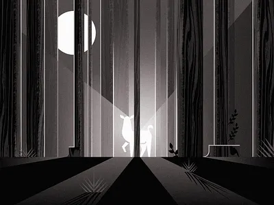 Precious Doe black deer fantasy forest illustration landscape light nature night outdoor spirit tree white