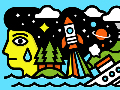 October Saturday blue city illustration kevinmoran rocket ship wreck trees turtle vector
