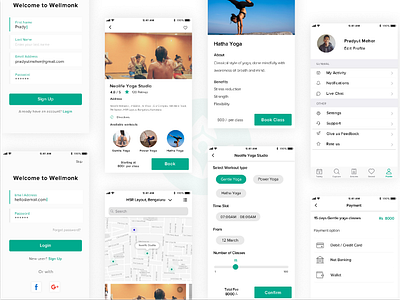 Wellmonk yoga ios app app book fitness interface ios login onboarding payment signup wellmonk wellness yoga