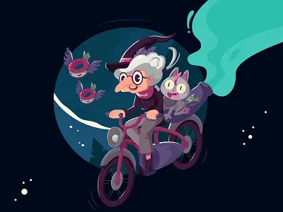 Funny witch 2d cat illustration vector art witch