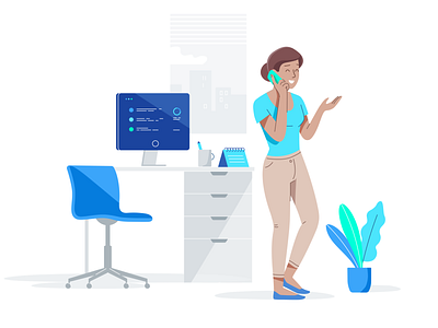 Events Manager Emily Illustration blue call character clean illustration office phone plant white woman