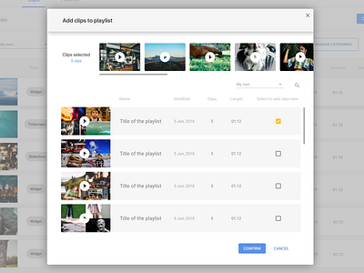 Clips - Add One Multiple To Playlist app clips dashboard design gallery icon material minimal site typography ui ux vector video
