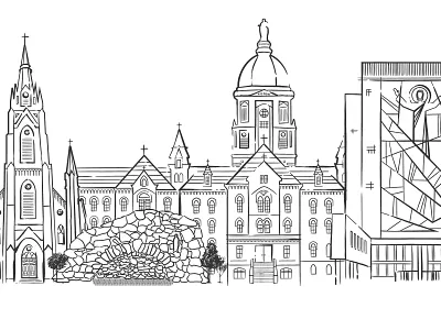 2019 Postcard Illustration campus illustration line art notre dame sketch university
