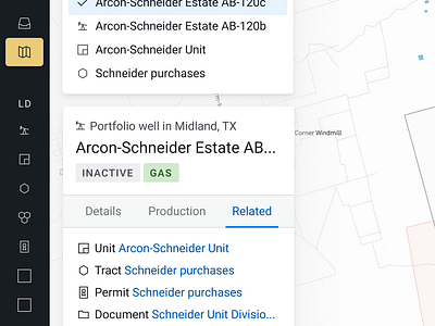 Portfolio well detail pane data icons maps pane panel popover related tabs tags