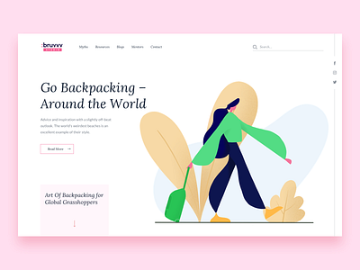 Go Backpacking || Illustration agency backpacking bags booking bruvvv flat global homepage illustration lady landing leaves solo travel travel blog traveller ui ux web world