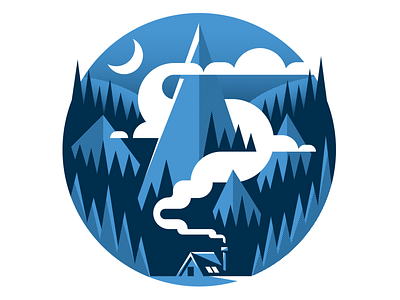 Hideaway A2 screen print art art print cabin flat flatdesign for sale geometric half tone halftone illustration landscape moon mountain range mountains print screen print screenprint trees valley vector