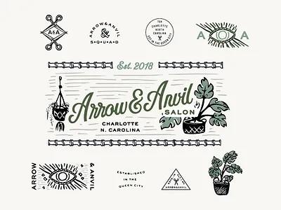 Anvil & Arrow badge brand design branding branding design hair stylist icon icon design illustration lockup logo logo design monogram design salon subbrand submark type typography vintage