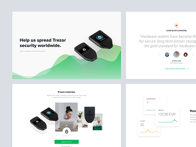 Affiliate program affiliate bitcoin clean design clean graph clean header community cryptocurrency wallet dashboard endorsments ethereum graphs hardware wallet header landing page loved by community nice clean header promo materials reporting trezor