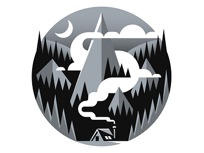 Hideaway A3 screen print art art print cabin flat flatdesign for sale geometric half tone halftone illustration landscape moon mountain range mountains print screen print screenprint trees valley vector