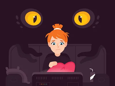 Watch Your Back While Watching Horror Movies Alone alien animation cartoon character creative cute design flat fun funny girl graphic halloween horror horror movie illustration mascot monster scary spooky