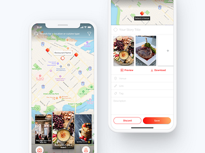 Foodie App: Home & Create Story add android app camera create foodie icons ios iphone iphone x map mobile mobile app post preview profile restaurant search story