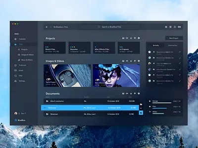 Blueblue Dark Version calendar concept dark dashboard debut documents files image mail management app minimal ui