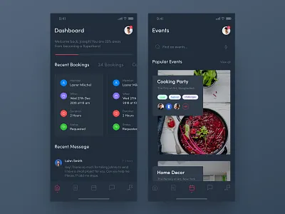 Dark Heroes App Dashboard Screen & Events Screen app animation app concept arts crafts health app health wellbeing heroes app design homecare app design household tasks iphone x app mobile app design mobile app experience navigation bar outdoor adventures skills training ux