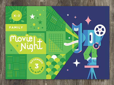 Movie Night bright bright colors charecter crazy film fun ilustration kids kids ministry movie night person projector shapes simple