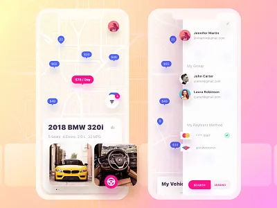 Get Wheels. Side Nav application bmw bottom navigation car filters likes list map map pins menu mobile navigation bar principle side menu swipe switcher ui ux vehicle