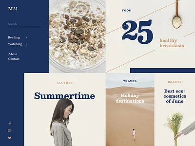 MM — Lifestyle Magazine broken grid clean design magazine main page minimalistic online serif typography ui web
