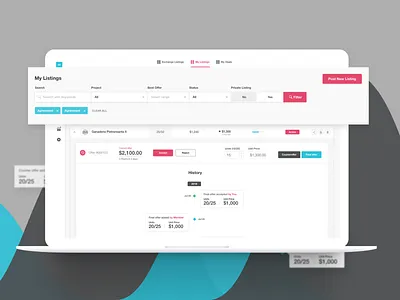 Offers Listings app design dropdowns filter financial history input offer pink responsive select timeline ui