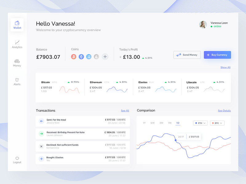 Numise Dashboard app blockchain blue bright crypto cryptocurrency dashboard design desktop flat modern purple ui ui ux ux white
