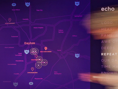 Echo Map bright colors church church event circle dark echo gradiant map map pin modern purple time lapse