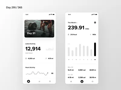 Minimal Fitness Tracker App | Day 295/365 - Project365 bold typeface daily ui data visualization design challenge fitness app fitness tracking ios ios11 ios12 minimal minimal fitness minimal monday mobile app mobile app project365 proximanova