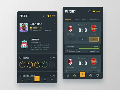 Profile & Matches app badges cards challenges dark darkui gamification interface matches medals profile ui ux