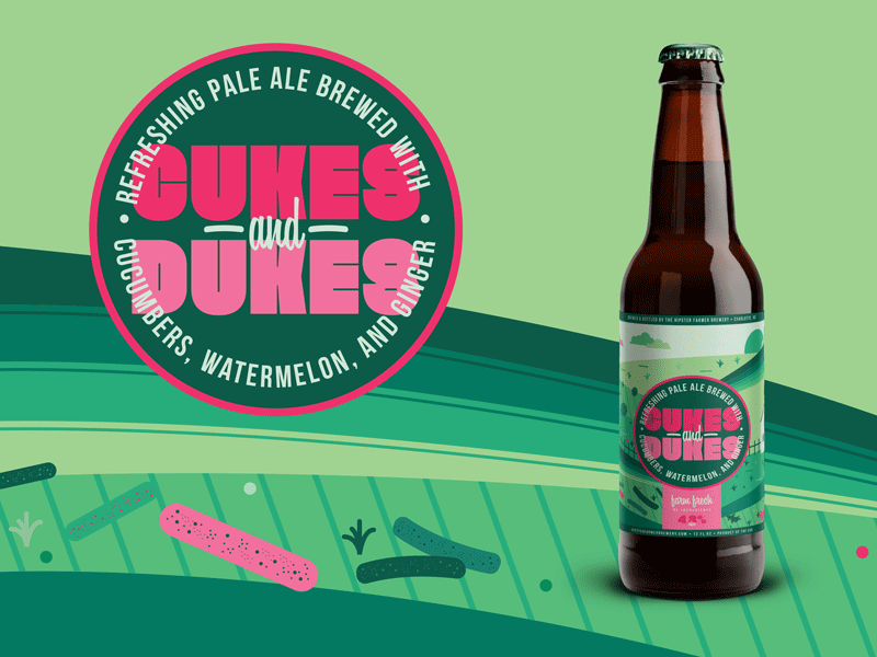 Cukes & Dukes Pt 2 animation beer bottle bottle label branding cucumber design farm farming gif ginger green icon illustration logo mockup typography vector watermelon