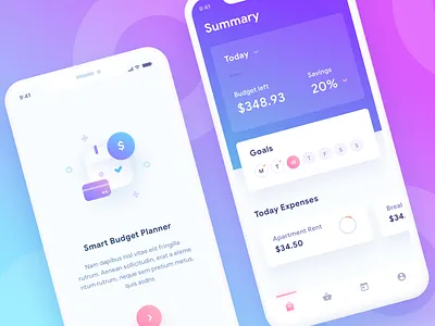 Budget Planner iOS App app cards chart dashboard feed gradient graph icons illustration illustrations ios material mobile social stats