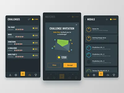 Challenges, Invitation and Medals app challenges dark darkui invitation medals prediction ui ux