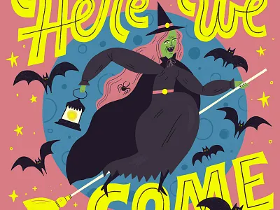 Witch bats broom halloween hand lettered illustration lettering moon vintage witch