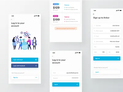 Sign up, Login, select subscription UI app design app ui clean ui flat ui illustration iphone x login login illustration minimal ui sign up signup illustration subscription ui design
