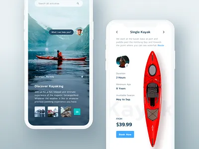 Discover kayaking app chat contact description gallery hiwow list location message mobile price search travelling ui